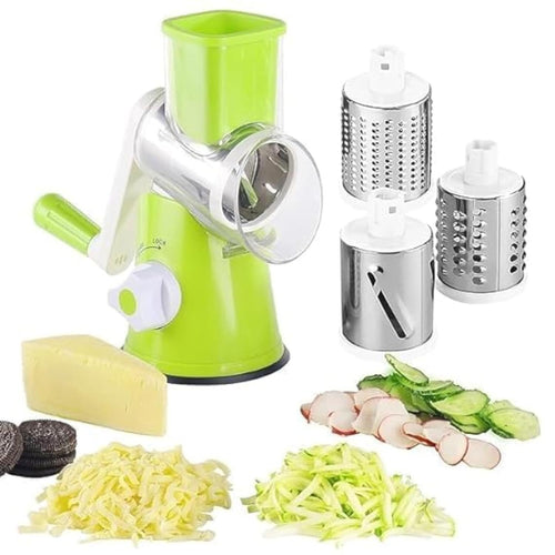 Alfado Mart manual 3-in-1 vegetable cutter with round slicer and drum grater, showcasing its multifunctional kitchen gadget design.