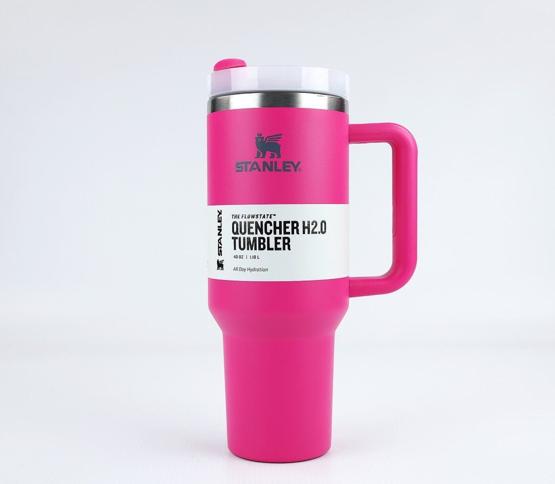Alfado Mart stainless steel Stanley 40 oz vacuum insulated tumbler with straw, leak-proof design for hot or cold drinks, in assorted colors.