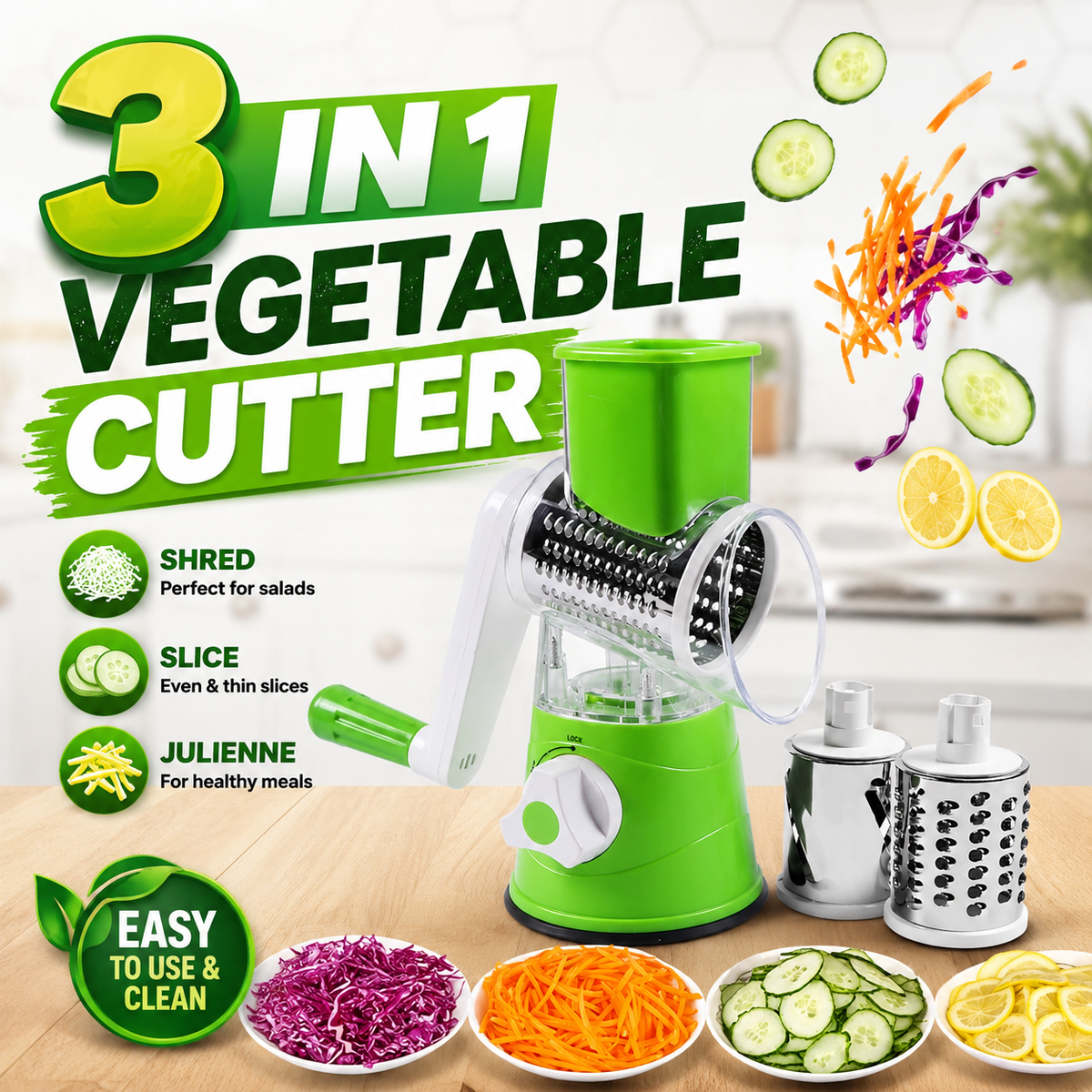 Manual 3-in-1 Vegetable Cutter & Drum Grater